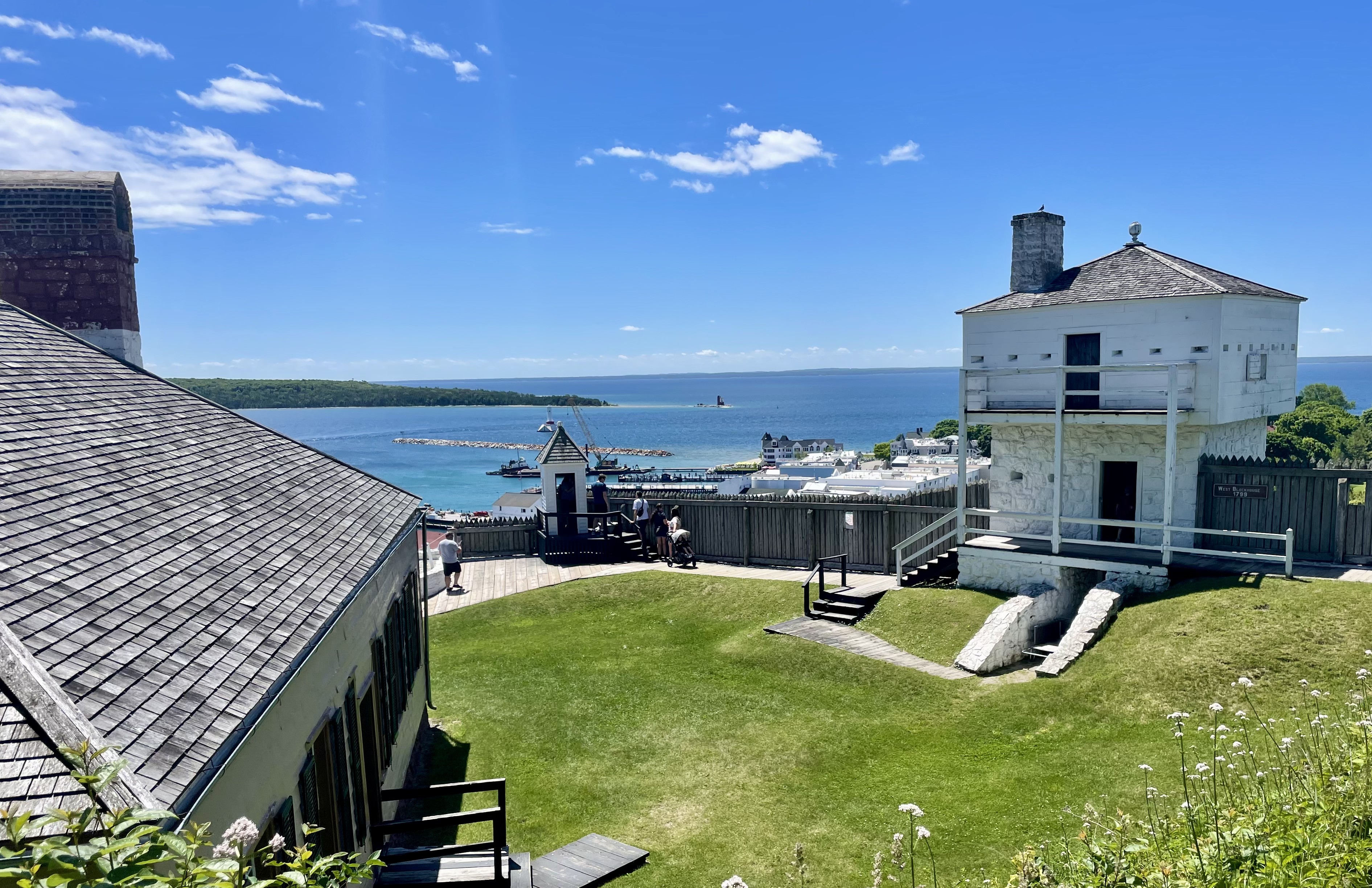 Fort Mackinac restored buildings with harbor and straits view